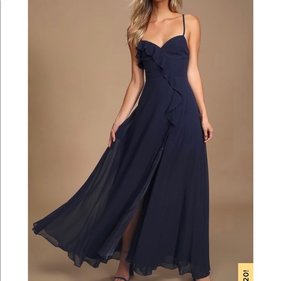 navy ruffle maxi dress